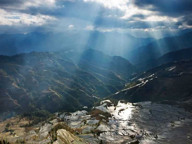 nature, landscape, mountains, sunrays, clouds, sky