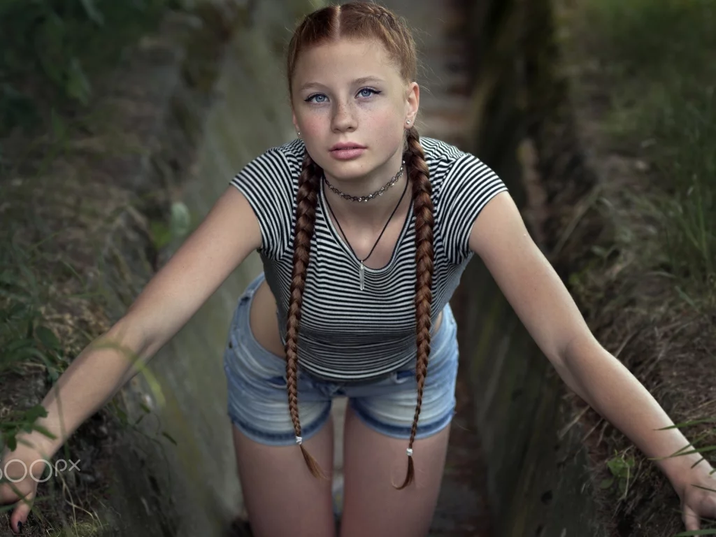girl, pretty, shorts, braids, freckles