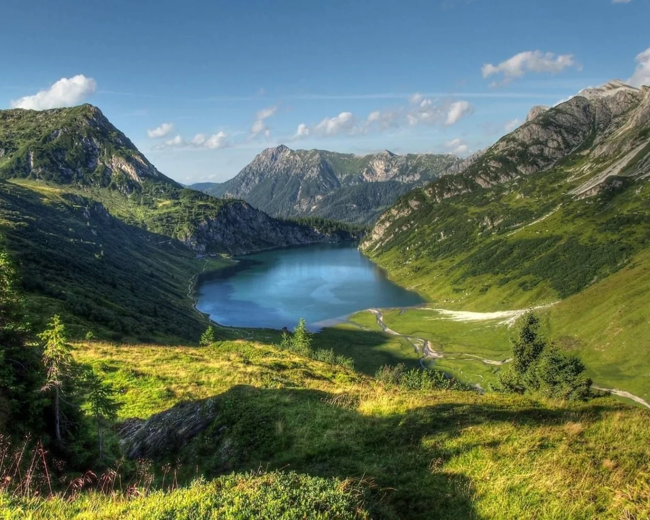 landscape, nature, mountains, lake, sky, clouds