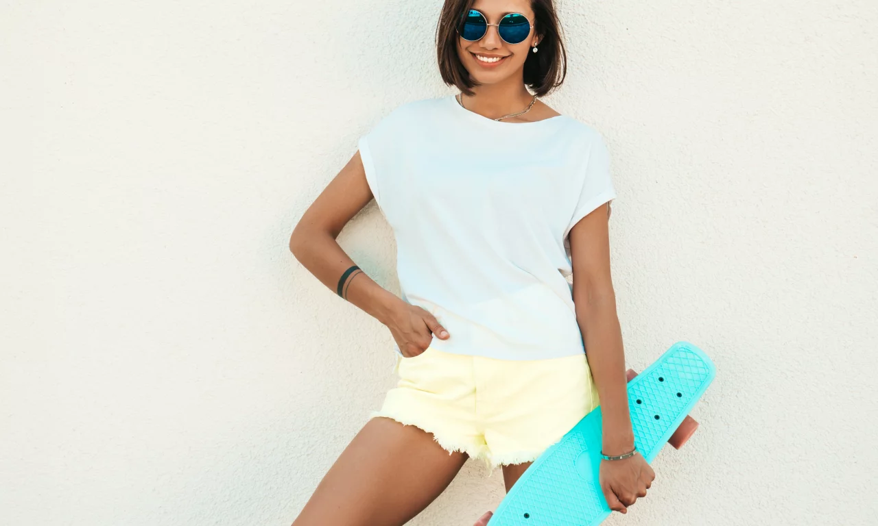 girl, charming, cute, shorts, glasses, smile