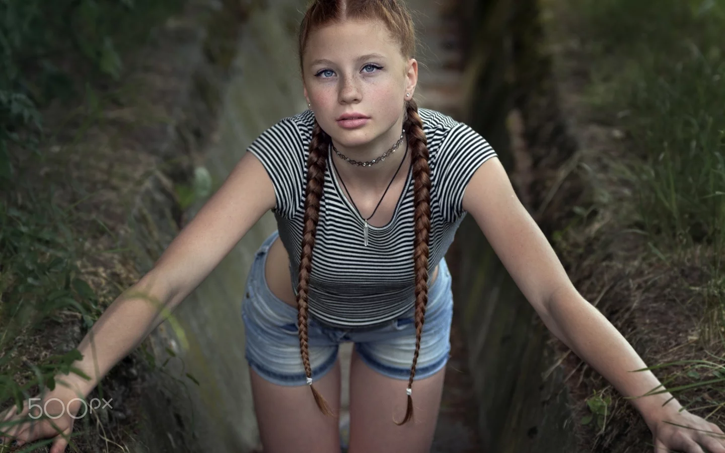 girl, pretty, shorts, braids, freckles