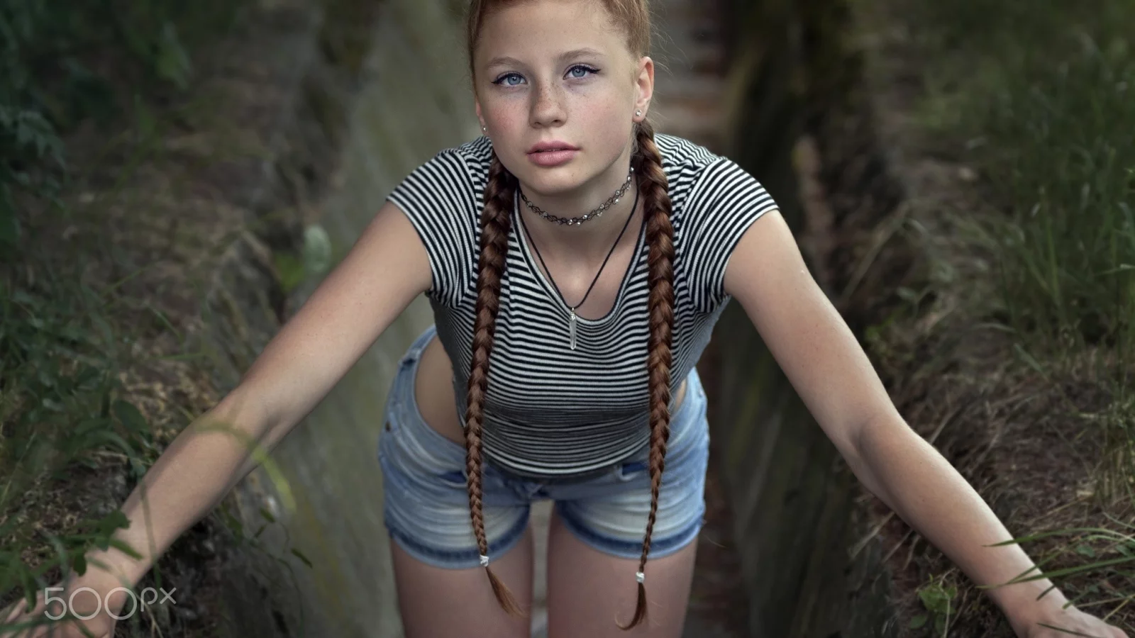 girl, pretty, shorts, braids, freckles