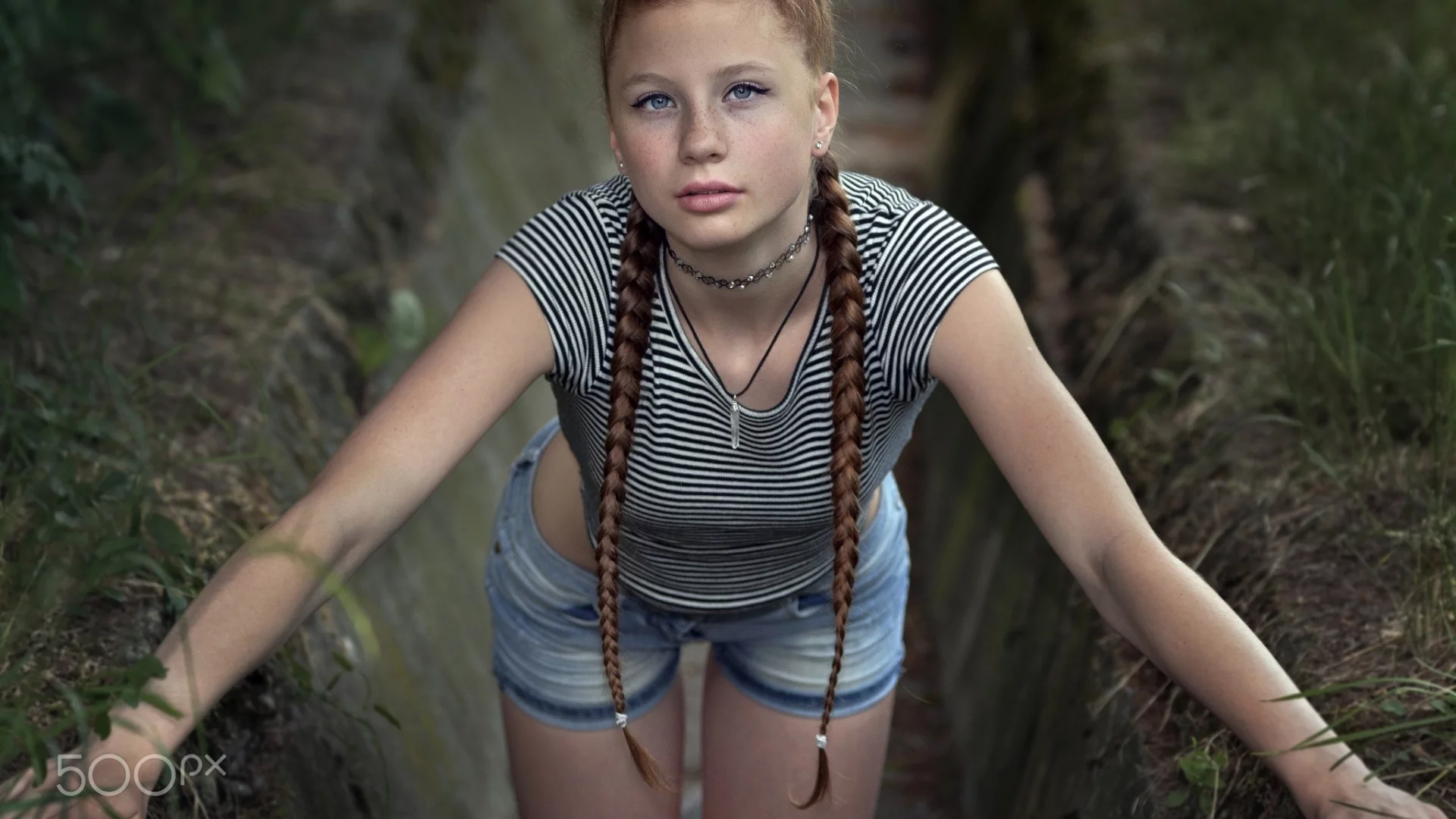 girl, pretty, shorts, braids, freckles