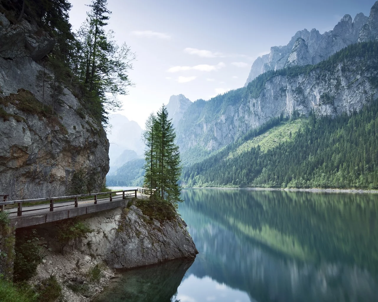 nature, mountains, forest, river, bridge, austria