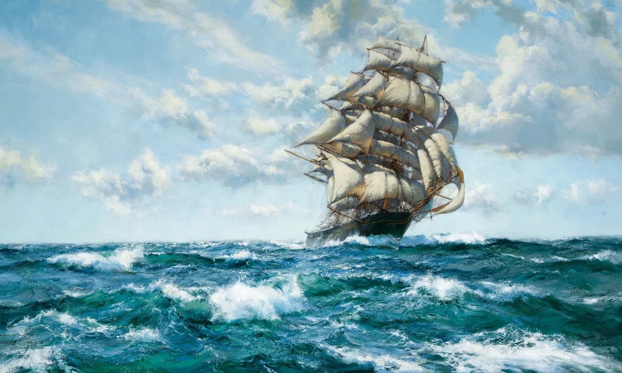 sailing, ship, ocean, clouds, painting