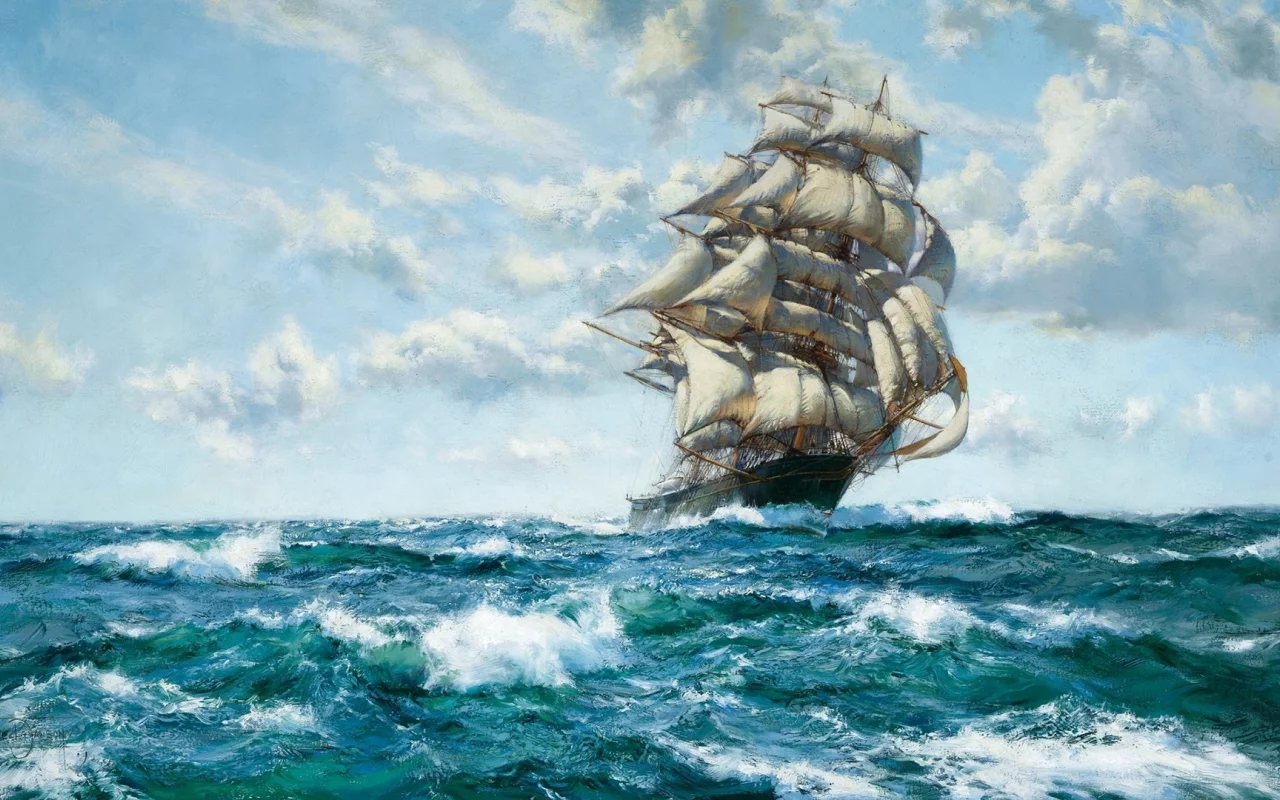 sailing, ship, ocean, clouds, painting