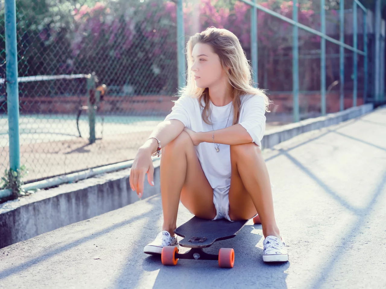 girl, beautiful, cute, shorts, sneakers, skateboard