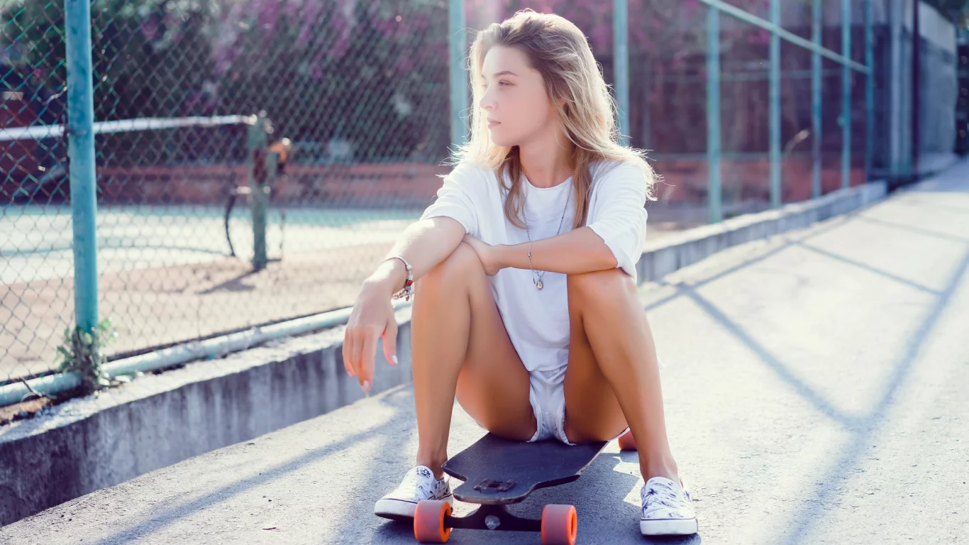 girl, beautiful, cute, shorts, sneakers, skateboard