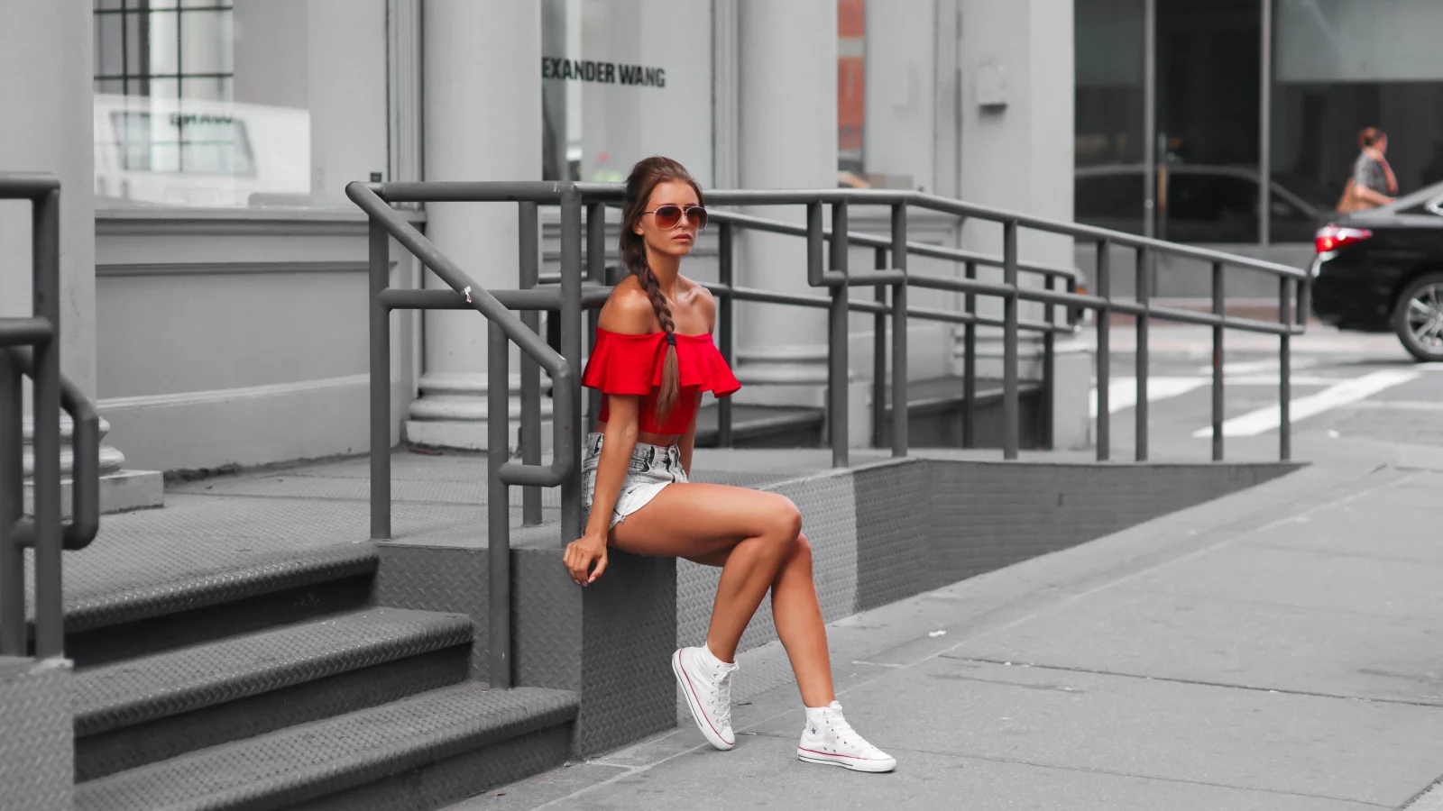 girl, beautiful, cute, model, shorts, sneakers, glasses, josefine forsberg, braid