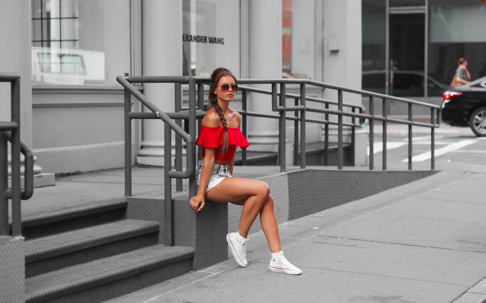 girl, beautiful, cute, model, shorts, sneakers, glasses, josefine forsberg, braid
