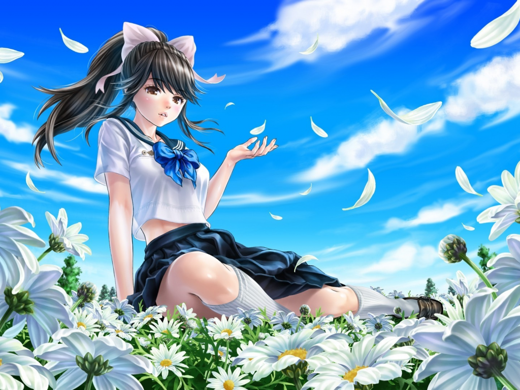 Картинка на рабочий стол anime, girl, schoolgirl, flowers 1024 x 768