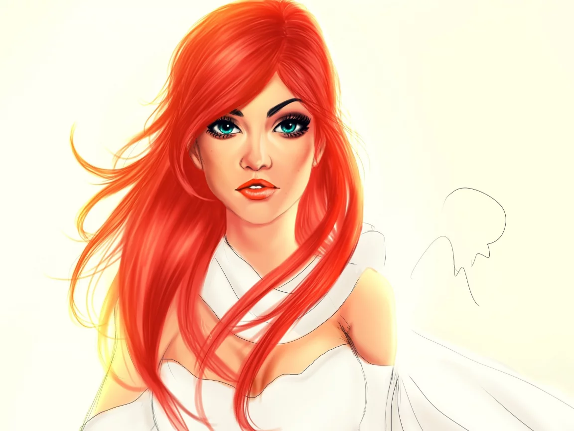 girl, beautiful, red, portrait, art, drawing