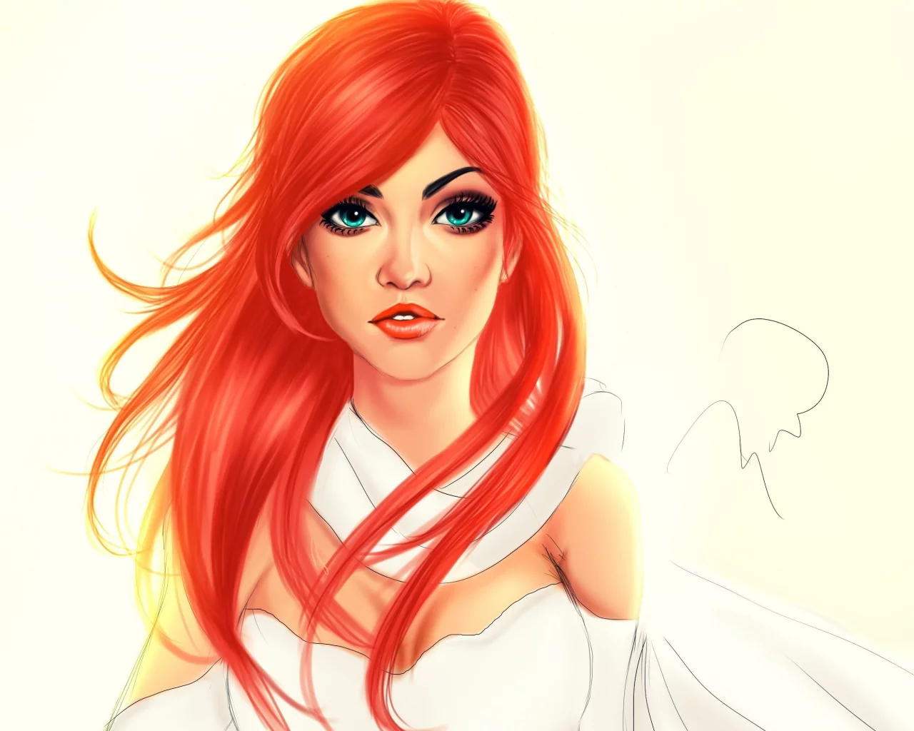girl, beautiful, red, portrait, art, drawing