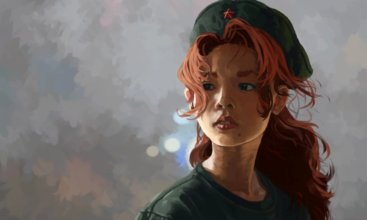 girl, beautiful, red, portrait, art, drawing