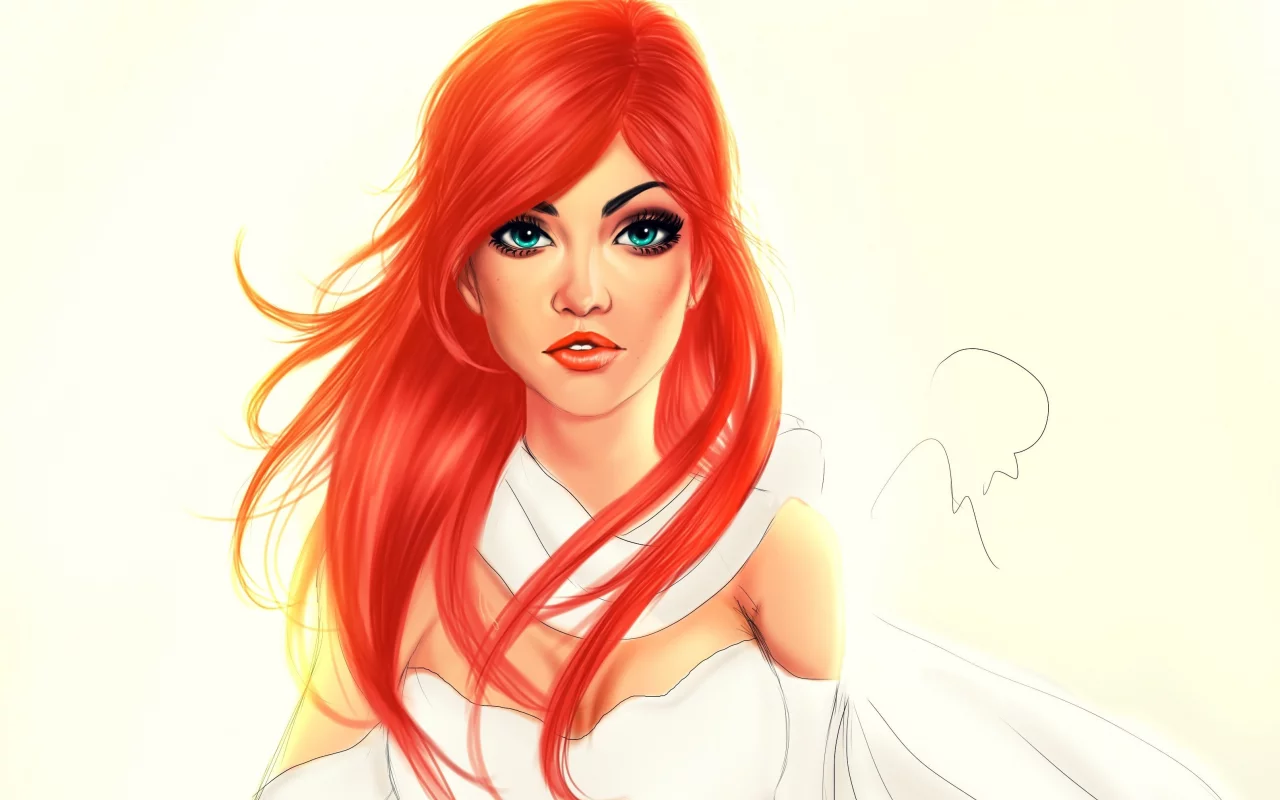 girl, beautiful, red, portrait, art, drawing