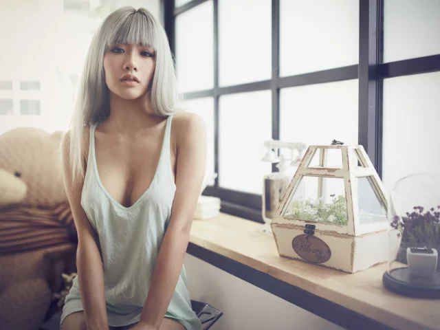girl, beautiful, sexy, blonde, asian, tshirt