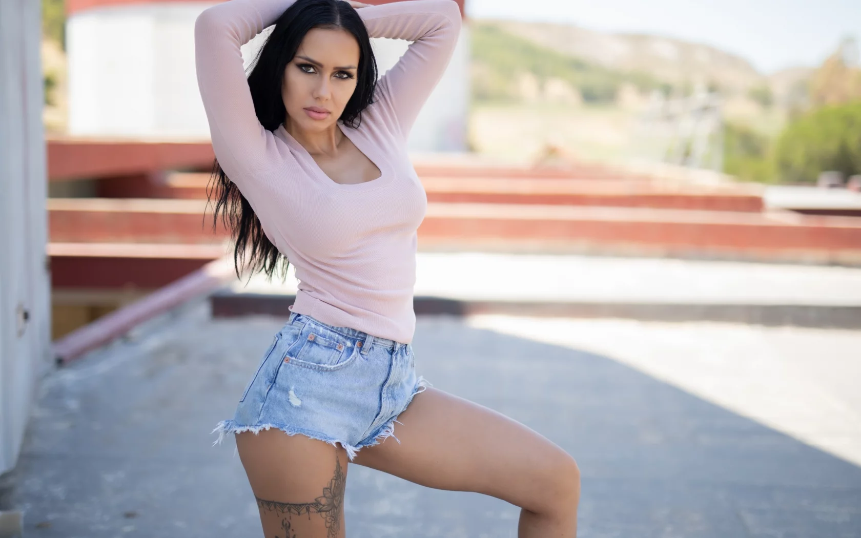 girl, beautiful, brunette, shorts, tattoo
