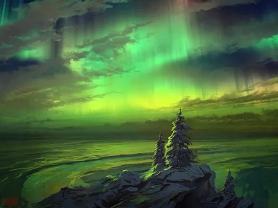 landscape, winter, northern lights, tree, snow