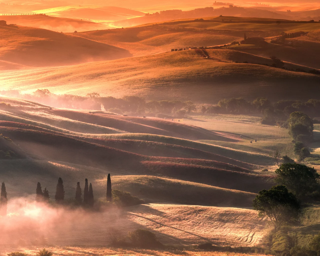 landscape, hills, fields, fog