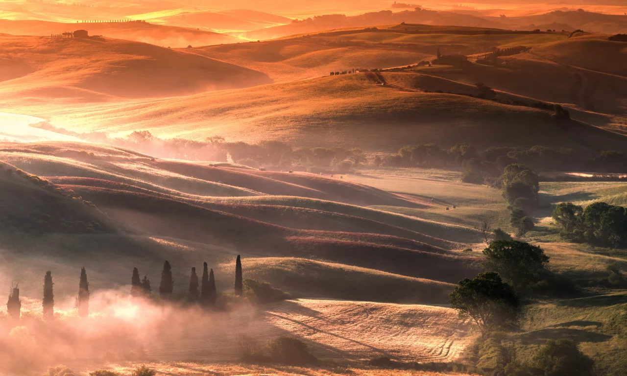 landscape, hills, fields, fog