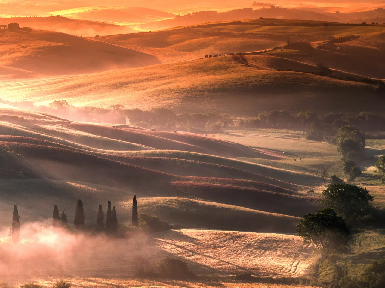 landscape, hills, fields, fog