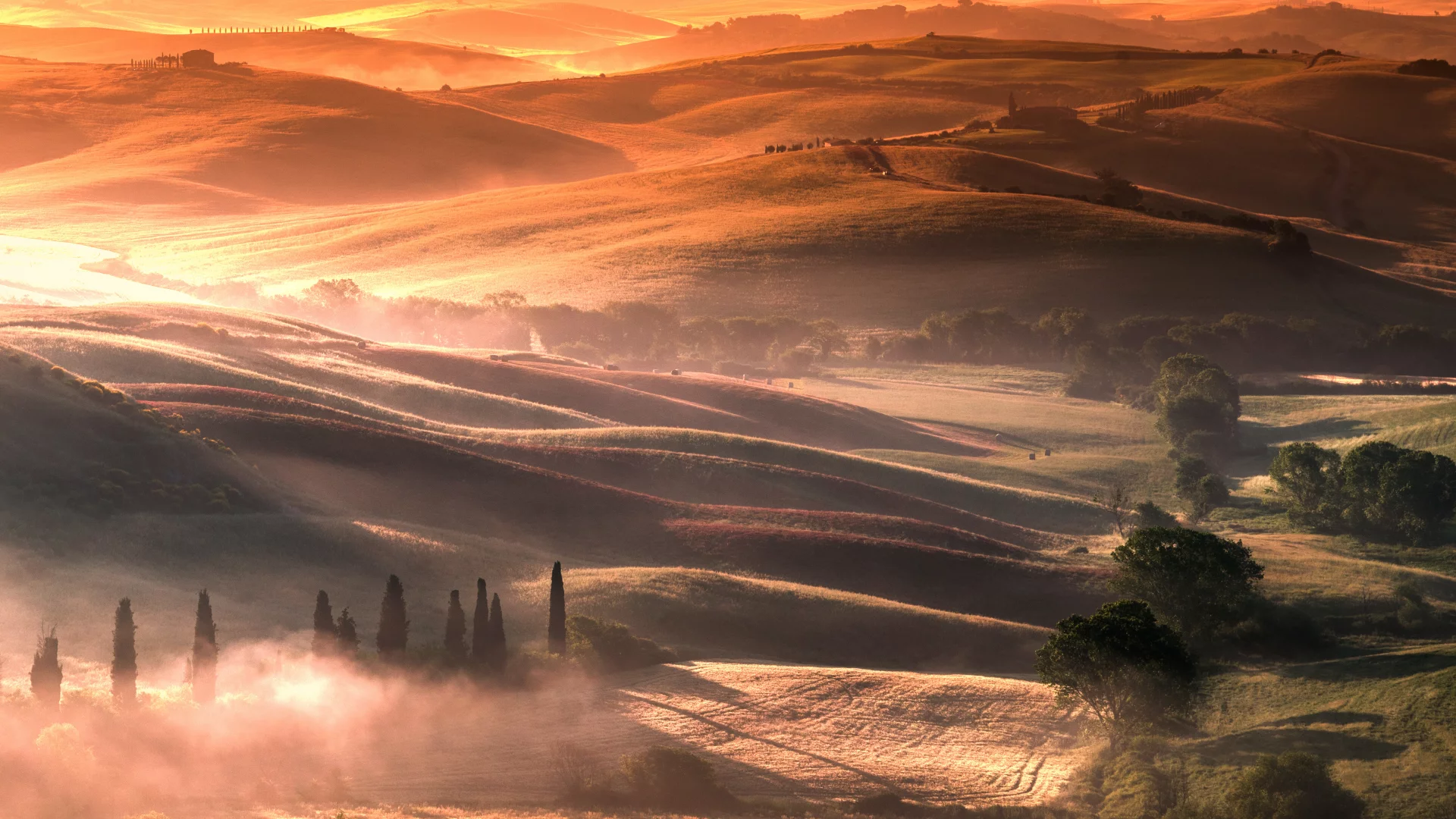 landscape, hills, fields, fog
