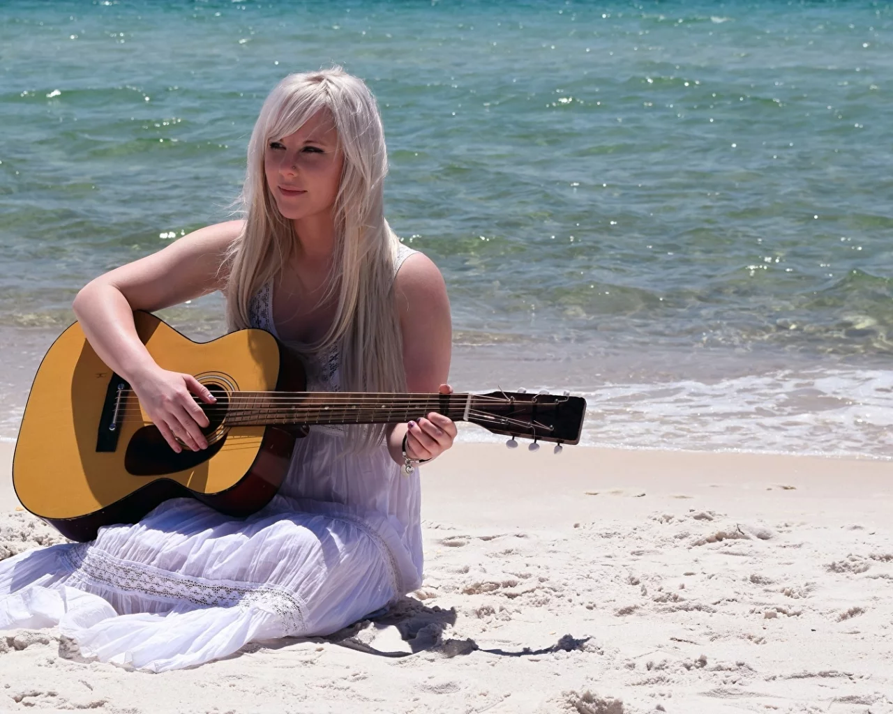 blonde girl, beautiful, beach, guitar