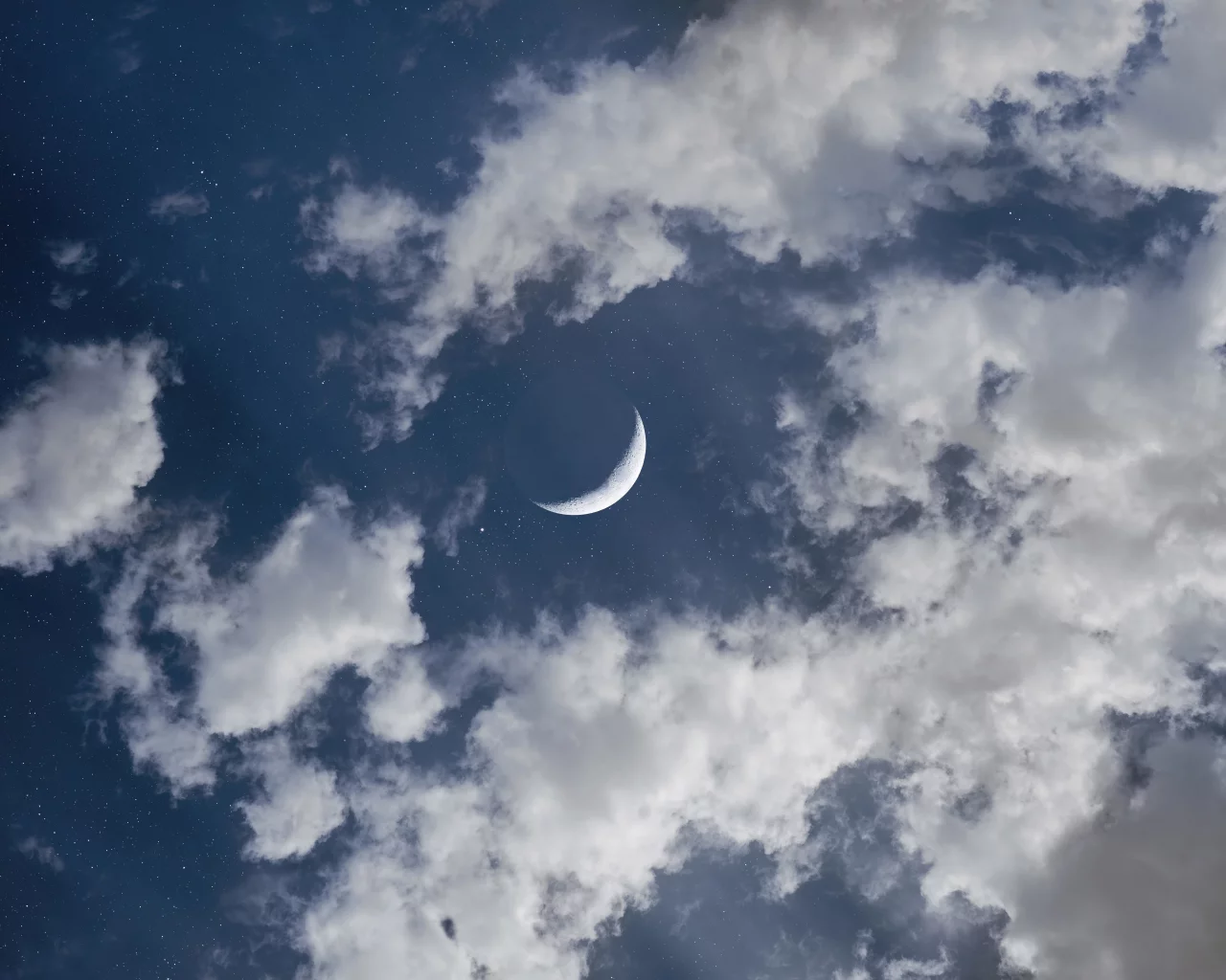 crescent, moon, halfmoon, clouds, blue, sky, cosmos, stars