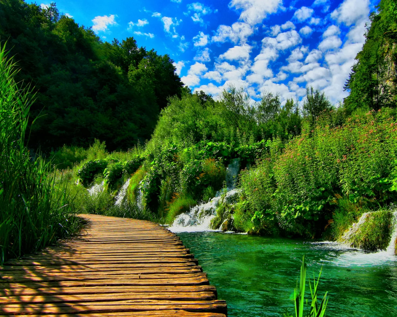 nature, mountains, forest, river, bridge