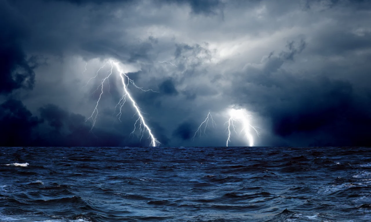 nature, sea, storm, lightning, wave