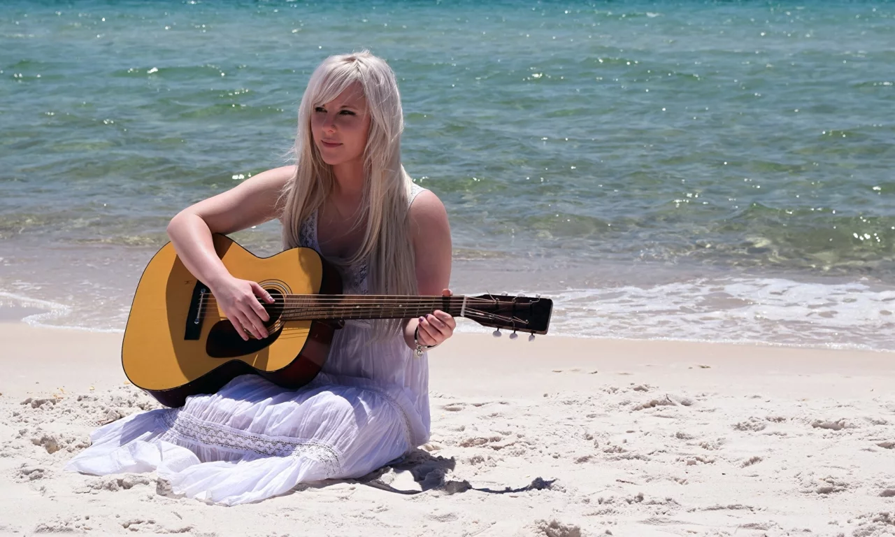 blonde girl, beautiful, beach, guitar
