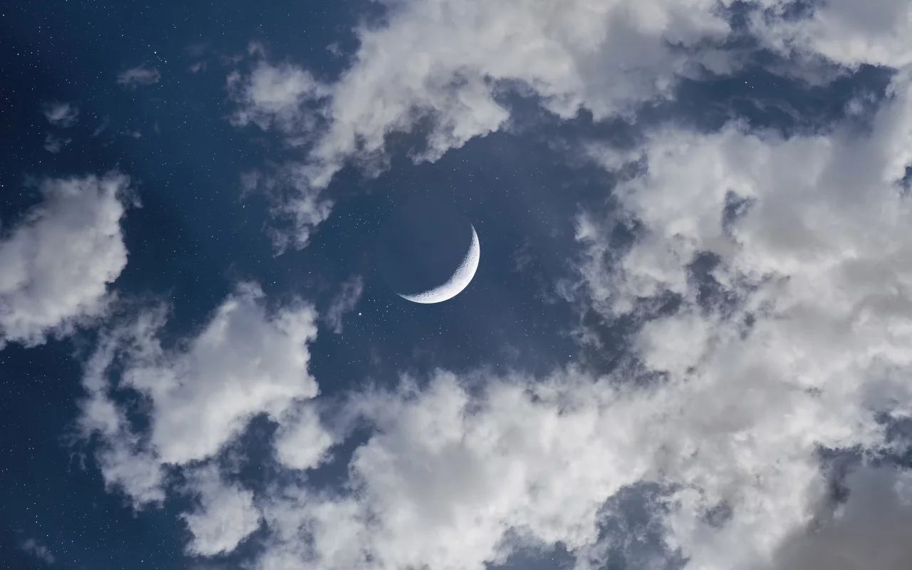crescent, moon, halfmoon, clouds, blue, sky, cosmos, stars