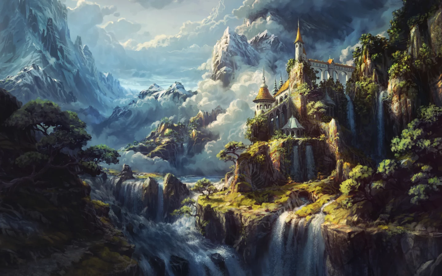 castle, waterfalls, surreal, alps, mountains, heaven, artwork