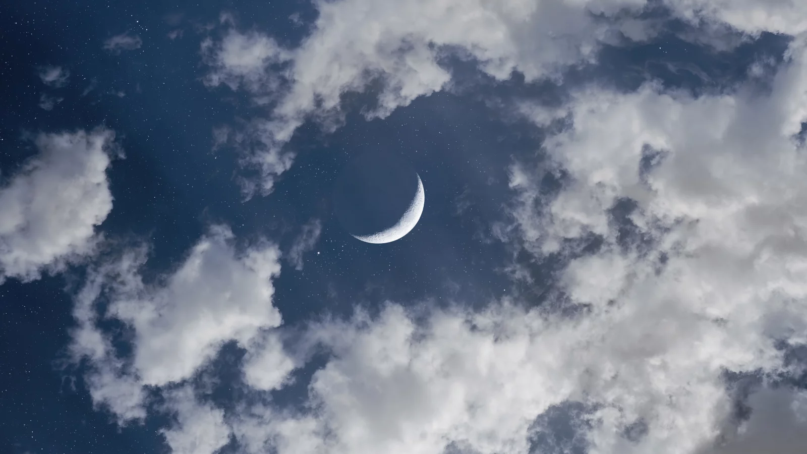 crescent, moon, halfmoon, clouds, blue, sky, cosmos, stars