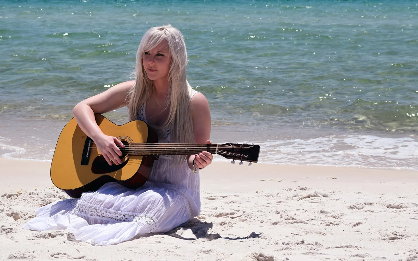 blonde girl, beautiful, beach, guitar