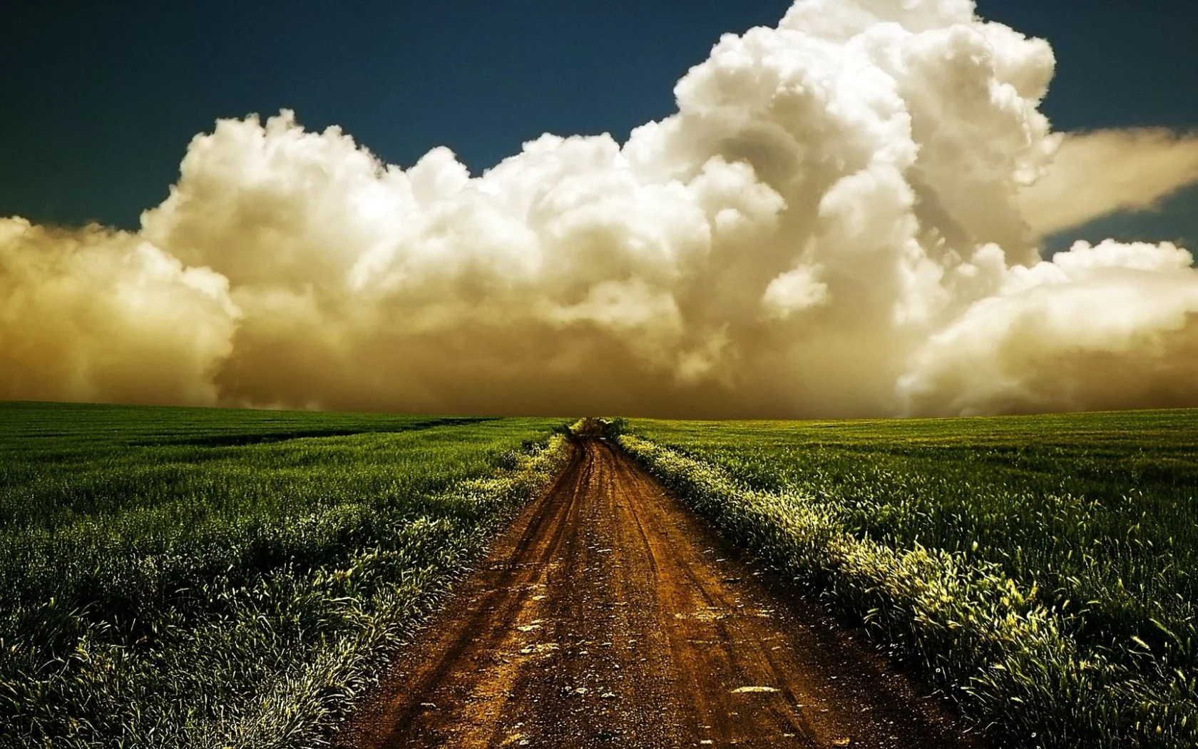 field, road, clouds