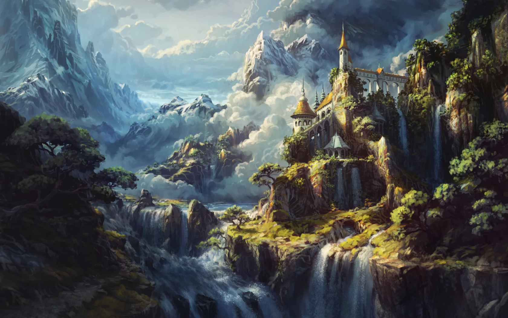 castle, waterfalls, surreal, alps, mountains, heaven, artwork