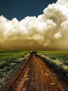 field, road, clouds