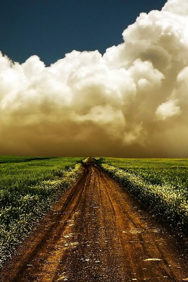field, road, clouds