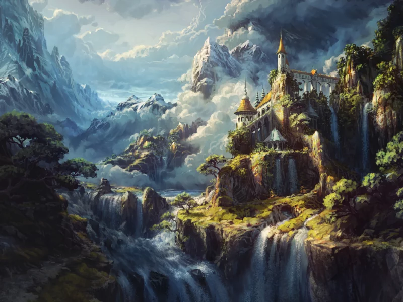 castle, waterfalls, surreal, alps, mountains, heaven, artwork