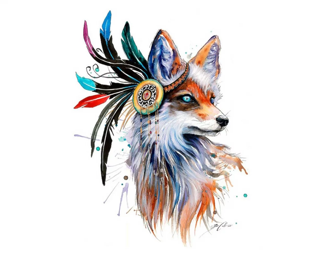 fox, drawing, feathers, colorful, animals, artwork