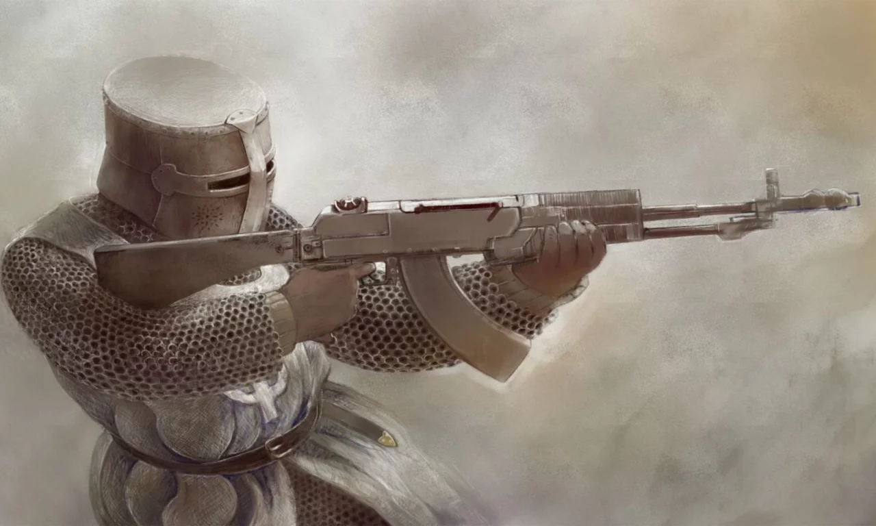 knight, automatic rifle, fantasy