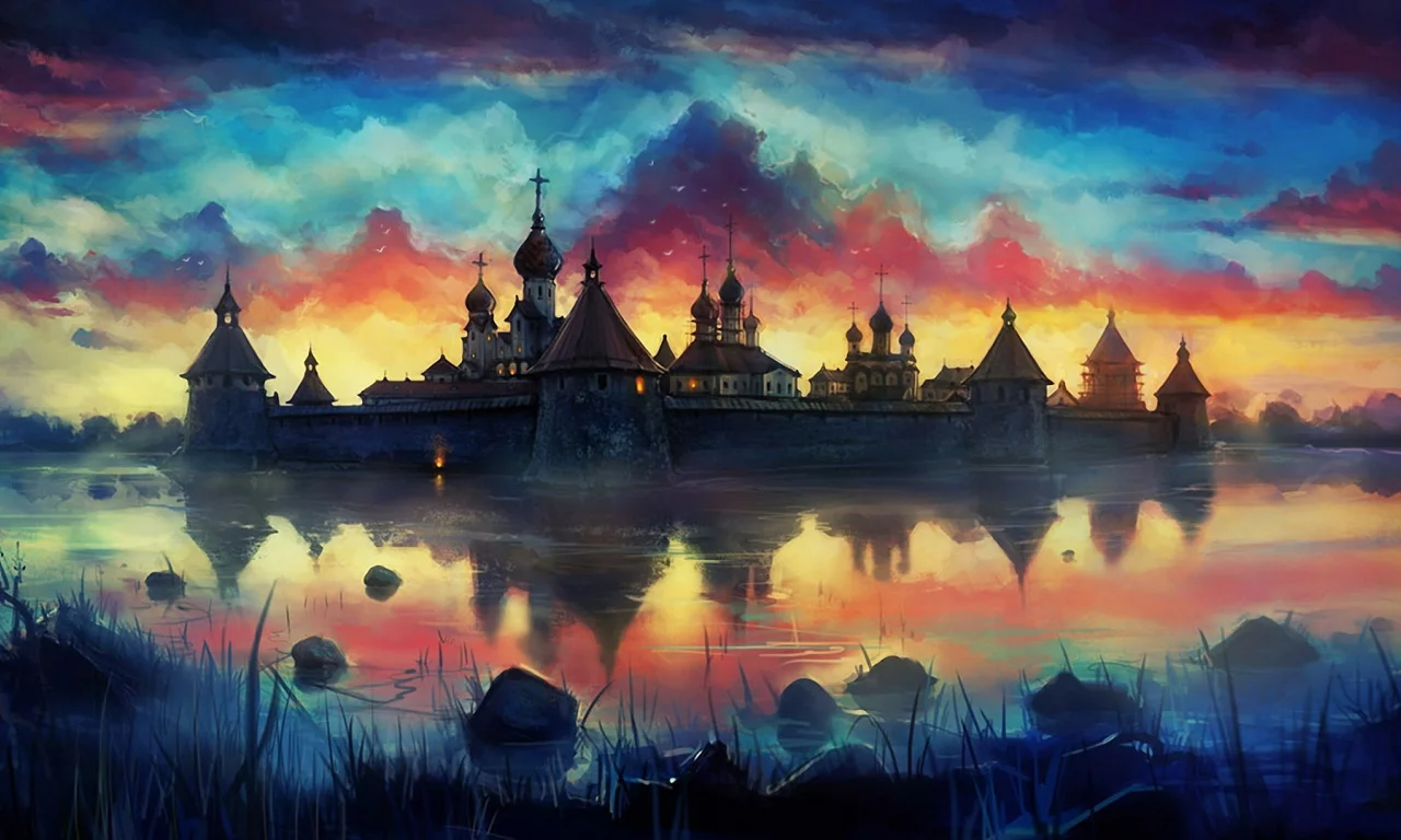 monastery, painting, lake