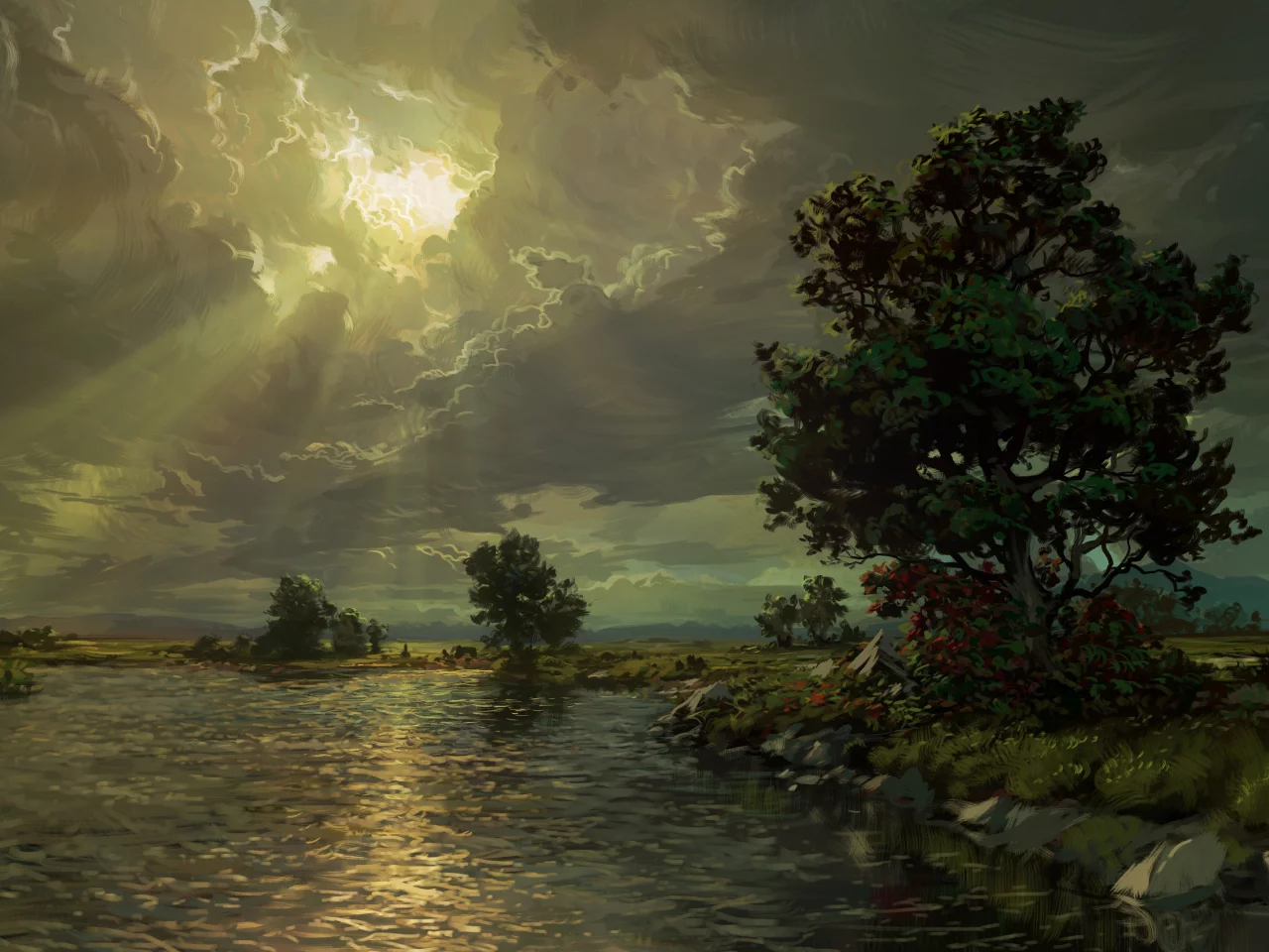 landscape, painting, nature, lake, tree, clouds, sun