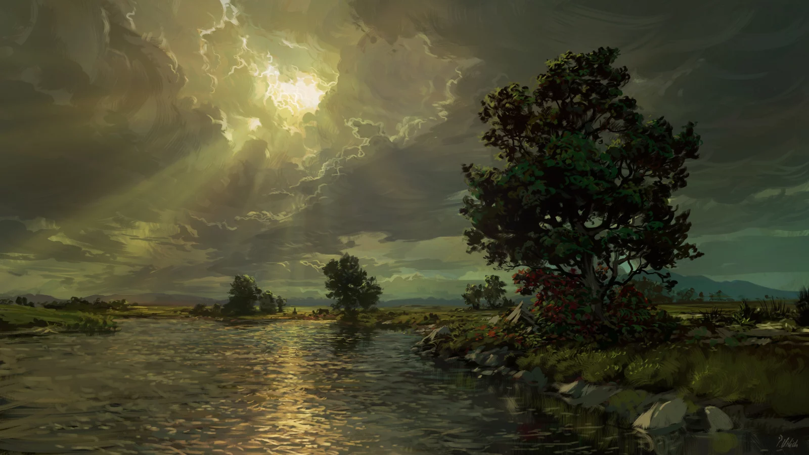landscape, painting, nature, lake, tree, clouds, sun