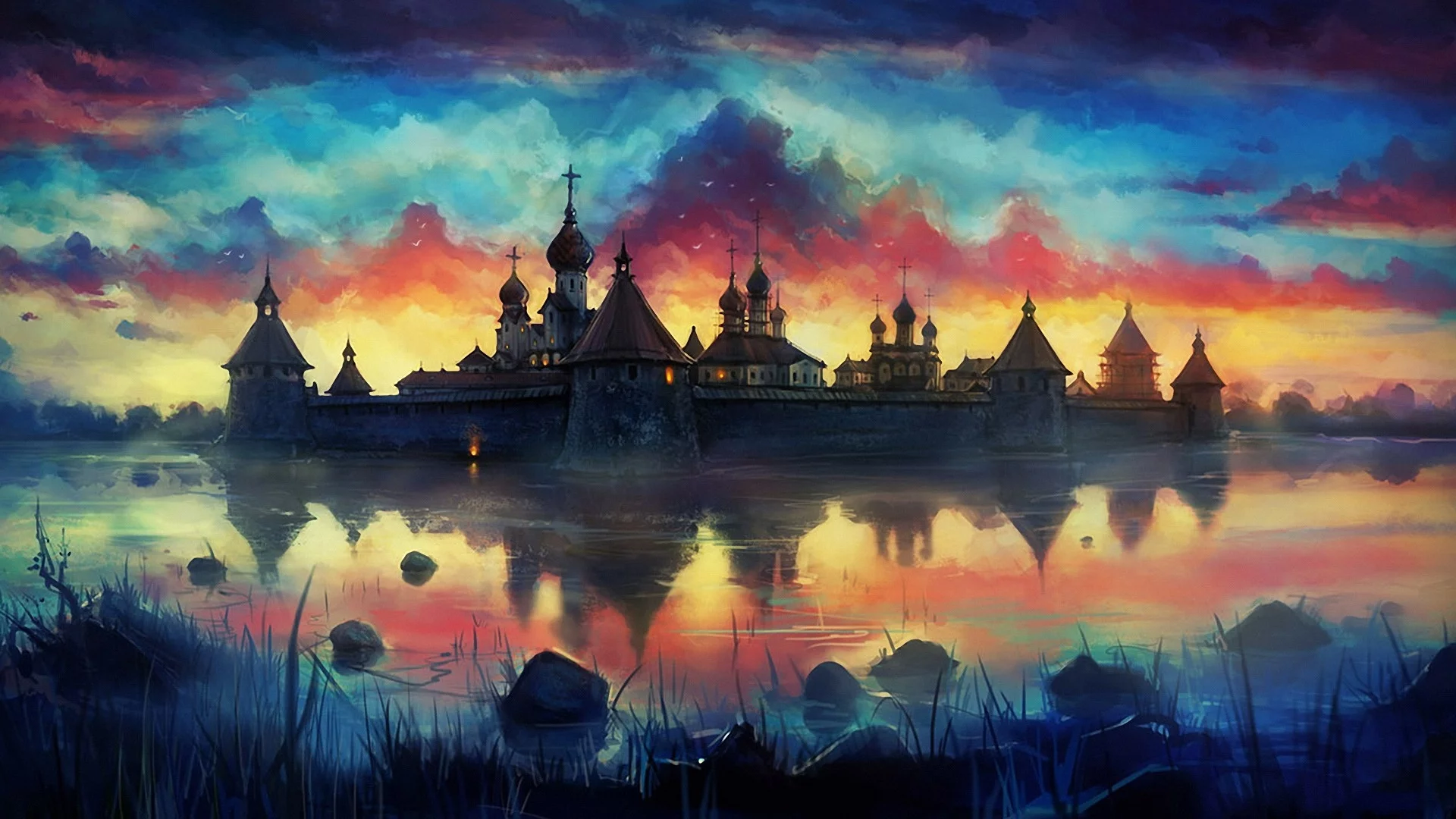 monastery, painting, lake