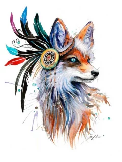 fox, drawing, feathers, colorful, animals, artwork
