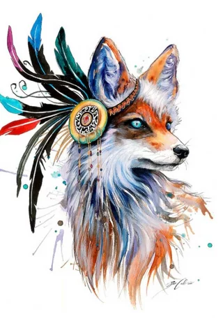 fox, drawing, feathers, colorful, animals, artwork