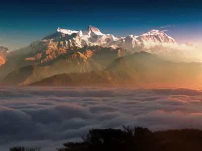 glacier, mountains, clouds, sun light, alpenglow, mountain, range