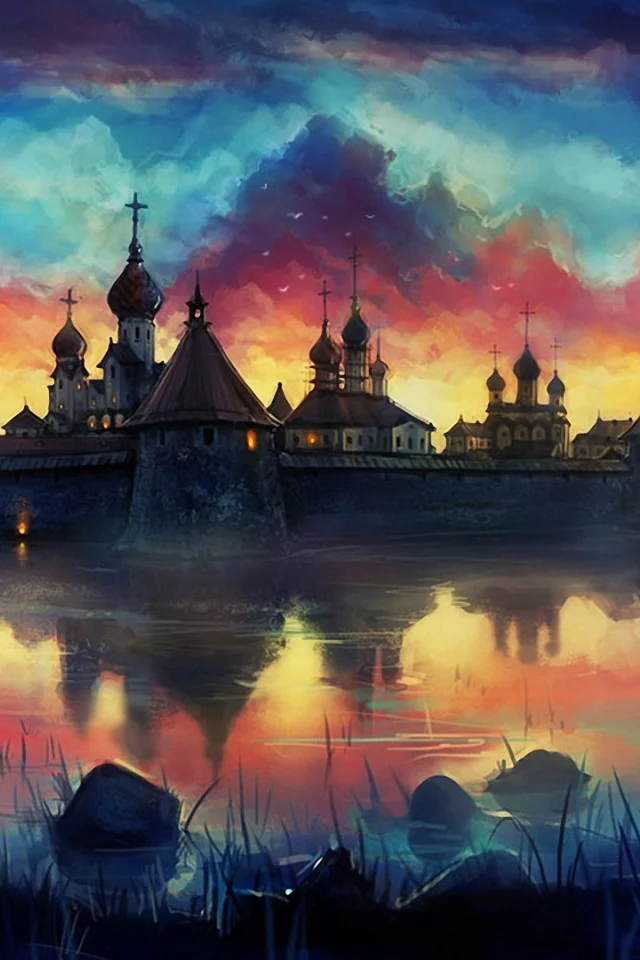 monastery, painting, lake